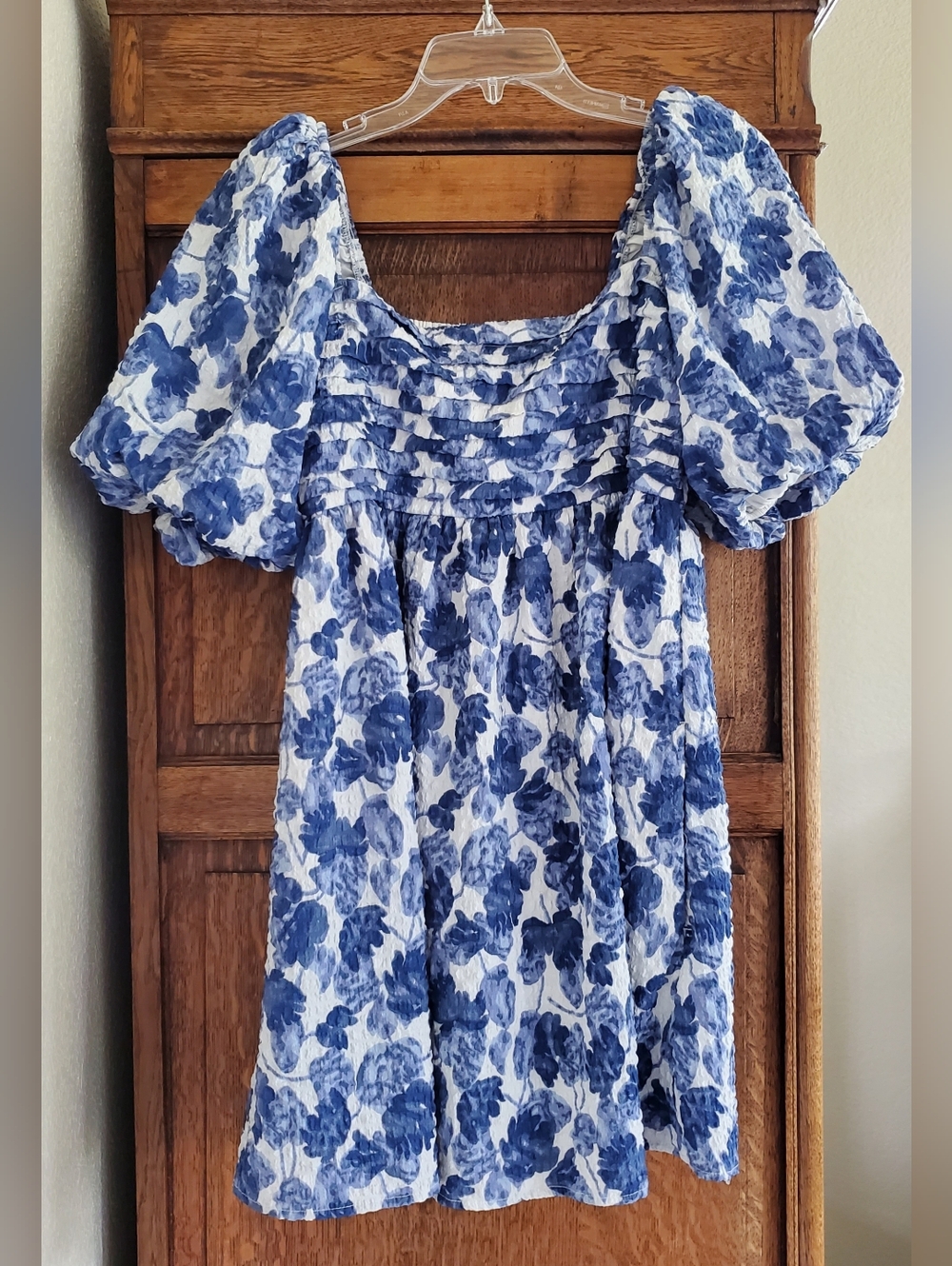 ABERCROMBIE & FITCH BLUE/WHITE EMERSON POPLIN PUFF SLEEVE MINI DRESS LARGE NWOT